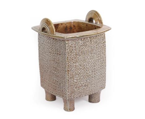 David Lloyd Jones (1928-1994): A Stoneware Twin-Handled Planter, of square section form, on four feet, impressed LJ seal mark