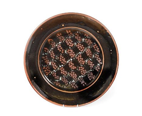David Lloyd Jones (1928-1994): A Stoneware Charger, tenmoku glaze with wax-resist decoration, impressed LJ seal mark, 49cm Da