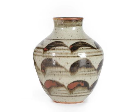 Constance E Dunn (nee Wade): A Stoneware Vase, oatmeal glaze with tenmoku brush strokes and rim, impressed W seal mark, 16cm 