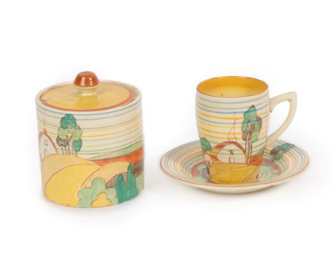 A Clarice Cliff Newport Brookfields Cylindrical Pot and Cover, printed marks, 10cm; and A Clarice Cliff Brookfields Lynton Co