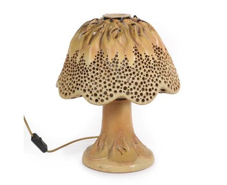 Bernard Rooke (b.1938): A Stoneware Lamp, the shade with pierced circular holes, the base with leaf decoration, incised B.R, 