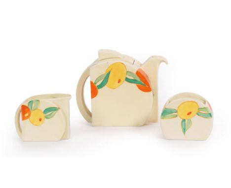 A Clarice Cliff Citrus Stamford Teaset, comprising teapot and cover, milk jug and sugar bowl, printed factory marks, teapot 1