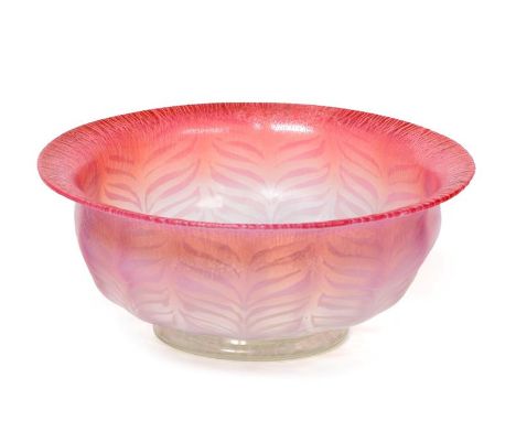 Louis Comfort Tiffany (American, 1848-1933): A Favrile Pink Pastille Glass Bowl, with pink iridescence rim and white trailed 