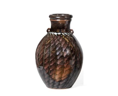 David Lloyd Jones (1928-1994): A Stoneware Vase, with two small lug handles, tenmoku glaze with wax-resist decoration, impres