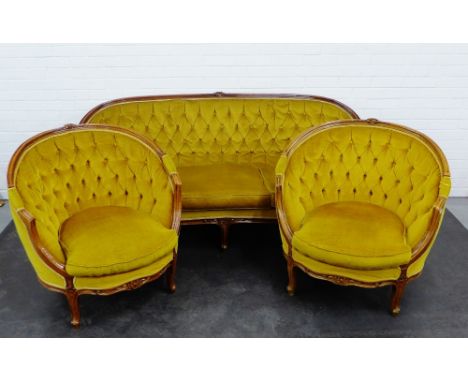 Button back parlour suite with golden upholstery, comprising settee and pair of armchairs  85 x 182cm