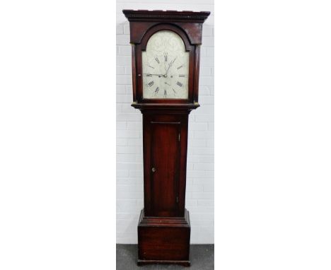 19th century mahogany longcase clock, the flat top with a dentil frieze over a silvered dial with Roman numerals and subsidia