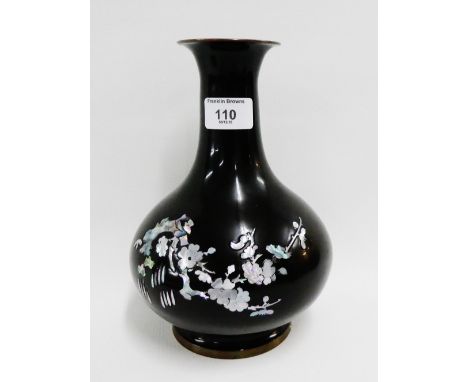 Japanese brass vase with inlaid mother-of-pearl floral pattern to a black ground, 22cm high 