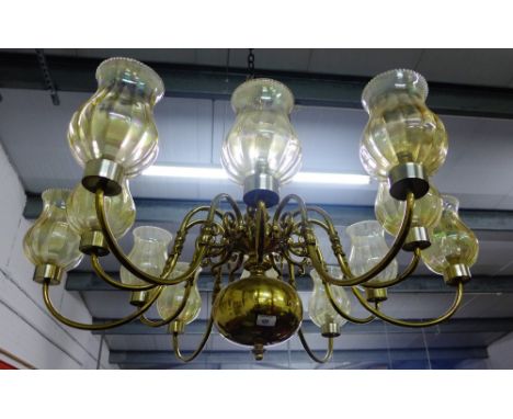Dutch style brass twelve branch light fitting complete with lustres glass shades