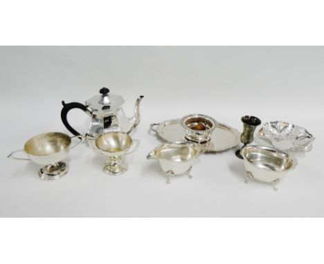 A mixed lot to include a selection of Epns wares comprising a wine slide, teapot, cream jugs, bonbon basket, trophy cups and 