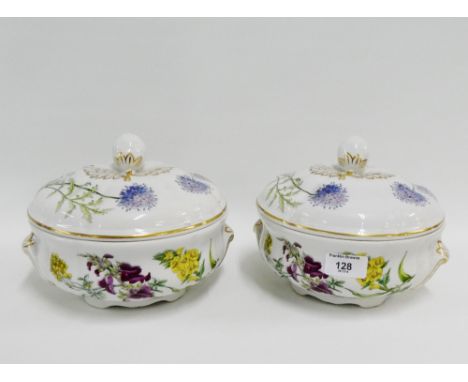 Pair of Spode 'Stafford Flowers' patterned tureen and covers, painted with Alyssum Cenothera and Lerapias, (2) 