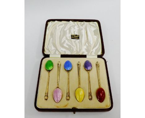 George VI set of six silver gilt and harlequin coloured enamel spoons, Birmingham 1937 (6) 