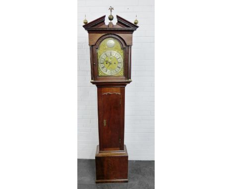 Oak longcase clock, the swan neck top with brass finials and dentil frieze over a brass dial with silvered chapter ring and R