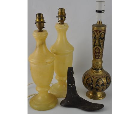 A 20th century Indian brass and enamel lamp, of baluster form with a long neck, H. 32cm together with two alabaster table lam