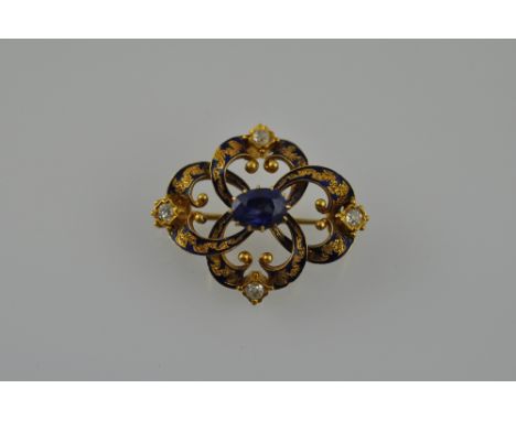 A sapphire and diamond-set yellow metal and enamel brooch, the central stone claw set within hoops of blue enamelled foliage,