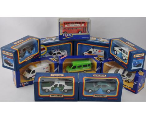 A collection of ten Matchbox 'SuperKings' and Corgi die-cast vehicles, mostly emergency and commercial, boxed, (10).