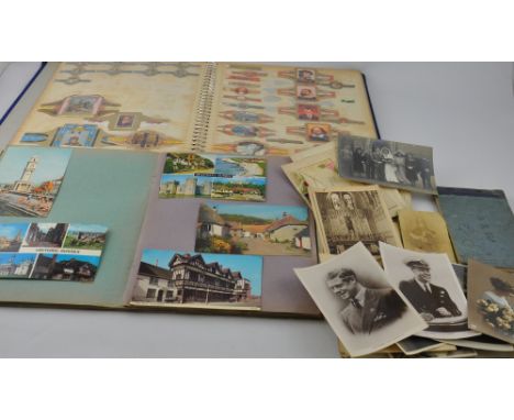 A quantity of early 20th century and later postcards, monochrome photographs etc, including first war embroidered cards, mono