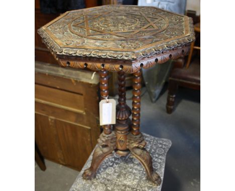 An early 20th Century octagonal carved occasional table on triple bobbin pillar with lion mask cabriole legs on paw feet, H. 