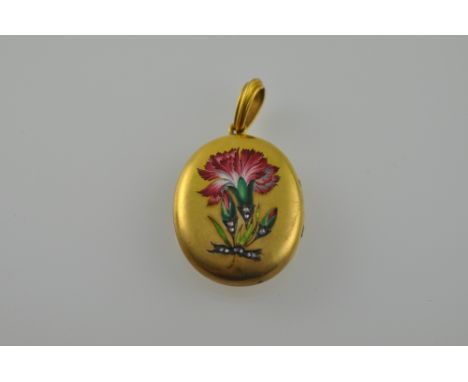 A yellow metal and enamel locket, oval on a shaped bale, decorated with a carnation set with diamonds, 16g.