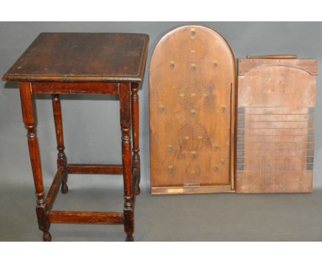 A Corinthian 10 bagatelle board, L. 76cm; together with a mahogany shove half-penny board, L. 61cm, and a square top table. (