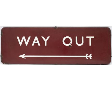 BR(M) FF enamel railway station sign WAY OUT with left facing arrow. In good condition with minor chipping, measures 36in x 1