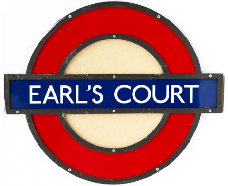 London Transport Underground enamel target/bullseye sign EARL'S COURT. In very good condition with original bronze frame, mea
