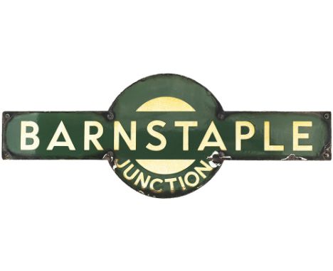 Southern Railway enamel target sign BARNSTAPLE JUNCTION from the former London and South Western Railway station between Exet