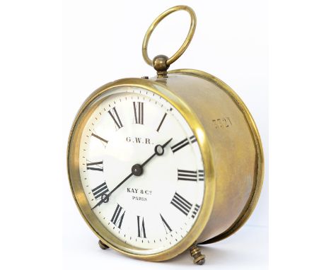 GWR brass drum clock with original enamel dial GWR KAY &amp; CO PARIS. Stamped with matching numbers 3321 on the case, back a