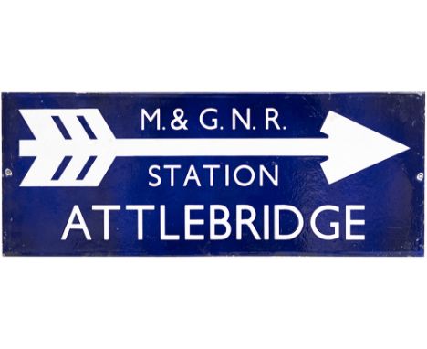Midland &amp; Great Northern Railway enamel railway station direction sign M&amp;GN STATION ATTLEBRIDGE with feathered arrow.