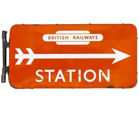 BR(NE) FF double sided enamel railway station direction sign STATION with British Railways totem and arrows. In excellent ex 