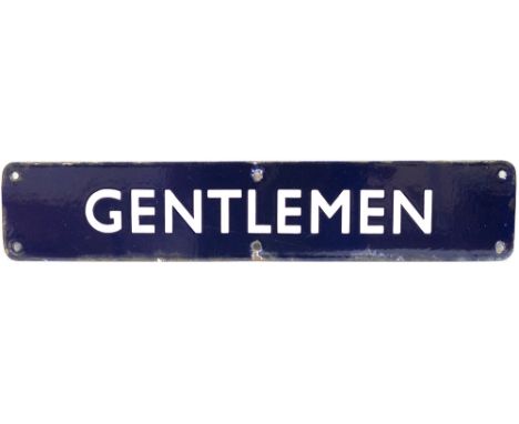 BR(E) enamel doorplate GENTLEMEN. In very good condition with 2 small face chips. Measures 18in x 3.5in. Ex Gidea Park Statio