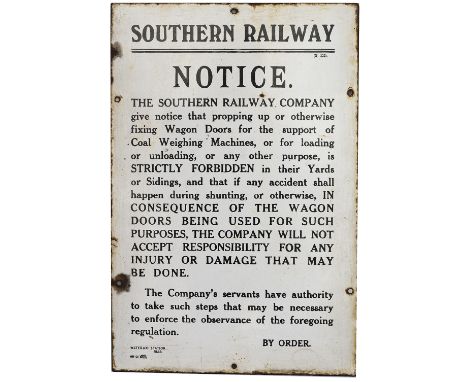 Southern Railway enamel sign re PROPPING UP WAGON DOORS etc WATERLOO STATION 1925. In very good condition with ex Smeeth writ