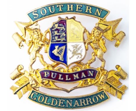 Southern Railway enamel cap badge SOUTHERN GOLDEN ARROW PULLMAN. In excellent condition complete with both mounting lugs and 