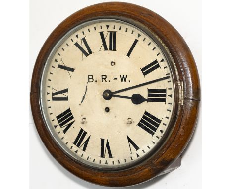 Midland Railway / Somerset &amp; Dorset Joint Railway 12 inch oak cased fusee railway dial clock with a spun brass bezel and 