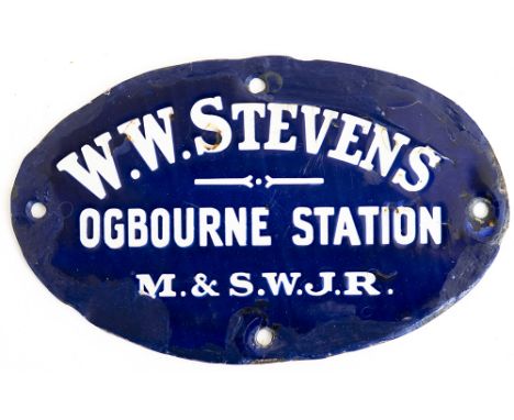 Midland &amp; South Western Junction Railway enamel wagonplate. W.W.STEVENS OGBOURNE STATION M.&amp; S.W.J.R. In good conditi