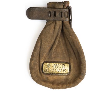 Great Western Railway leather Cash Bag with original hand engraved brass plate G.W.R. ROCHE from the station on the line in C