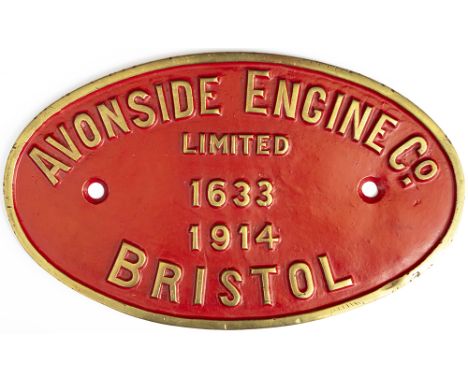 Worksplate AVONSIDE ENGINE CO LIMITED BRISTOL 1633 1914 ex 0-6-0 ST. Delivered new to Newport Abercarn Blackvane Steam Coal C