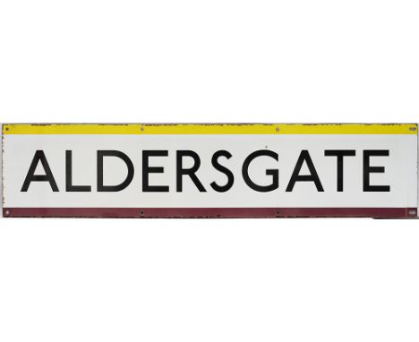 London Transport Underground enamel station frieze sign ALDERSGATE. In very good condition with minor edge chipping, measures