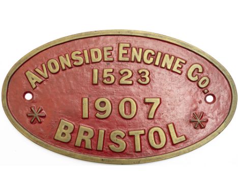 Worksplate AVONSIDE ENGINE CO BRISTOL 1523 1907 ex B3 0-6-0ST delivered new to the Mersey Docks and Harbour Board and numbere