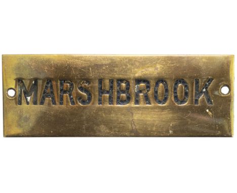 GWR hand engraved brass shelf plate MARSHBROOK. In very good condition with original black wax infill. Measures 4.75in x 1.62
