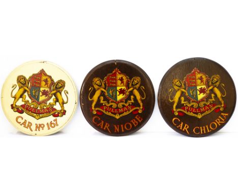 Three Pullman Car circular wall plaques; CAR CHLORIA, CAR NIOBE and CAR No 167. In excellent original condition measure 9in d