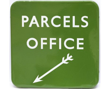 BR(S) FF enamel railway station sign PARCELS OFFICE with two arrows. In excellent condition, measures 12in x 12in. An unusual