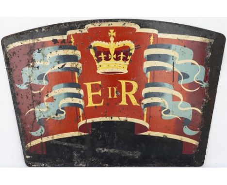 Locomotive headboard E II R as used in the coronation year 1953 of our late Queen Elizabeth II. Painted steel complete with l