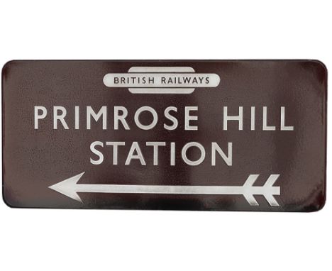 BR(M) FF enamel railway station direction sign PRIMROSE HILL STATION with British Railways totem and left facing arrow, from 