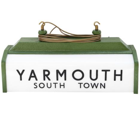LNER platform lamp YARMOUTH SOUTH TOWN from the Great Eastern Railway terminus station. Cast aluminium frame with perspex pan