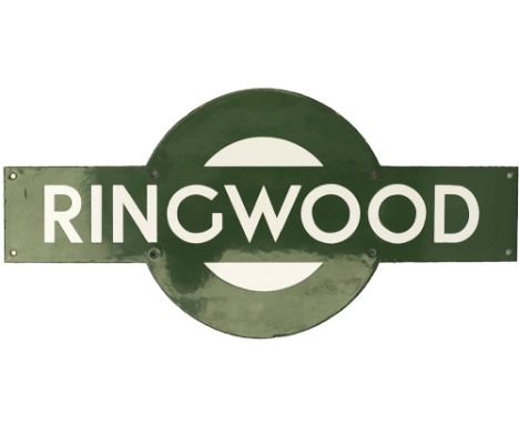 Southern Railway enamel target station sign RINGWOOD from the former London &amp; South Western Railway station between Brock
