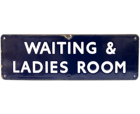 BR(E) enamel doorplate WAITING &amp; LADIES ROOM. In very good condition with one small face chip and some to the edge. Measu