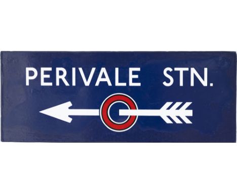 London Transport enamel direction sign PERIVALE STN with Underground Circle and feathered arrow beneath. Double sided, one si