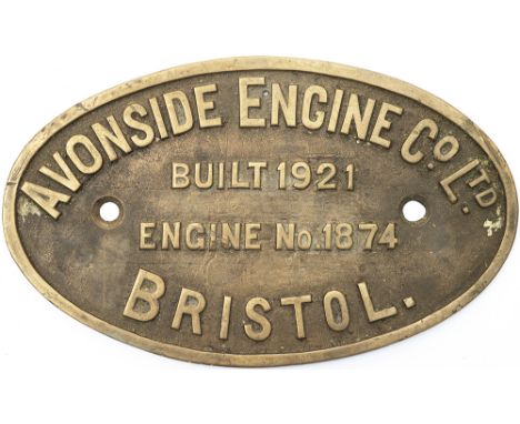 Worksplate AVONSIDE ENGINE CO LTD BRISTOL BUILT 1921 ENGINE No 1874 ex 0-4-0ST delivered new to Bombay Improvement Trust, the