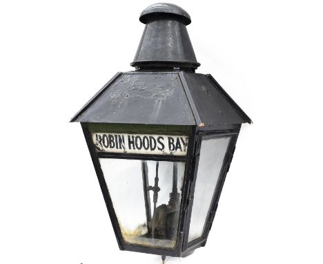 North Eastern Railway platform lamp with glass name panel ROBIN HOODS BAY from the station on the Whitby to Scarborough line 
