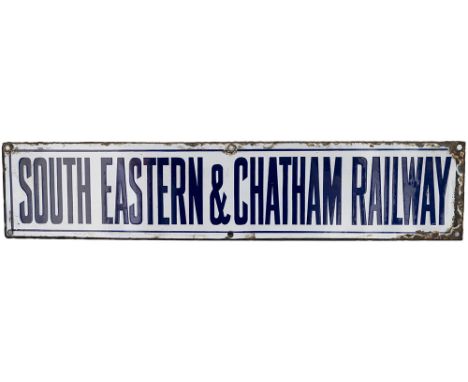 South Eastern &amp; Chatham Railway double royal full title enamel poster board heading. In very good condition, measures 27i